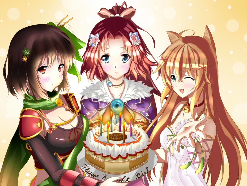 ;d ahoge animal_ears bell bell_choker blue_eyes bow breasts brown_hair cake candle choker cleavage copyright_name dress enokorogusa_(flower_knight_girl) flower flower_knight_girl food green_scarf hair_bow hair_flower hair_ornament jewelry leaf_hair_ornament long_hair looking_at_viewer magatama medium_breasts momiji_(flower_knight_girl) multiple_girls nadeshiko_(flower_knight_girl) necklace one_eye_closed open_mouth outstretched_hand pink_bow ponytail red_eyes scarf short_hair small_breasts smile standing upper_body white_dress x_hair_ornament yoruka_(yukiyukimasamasa)