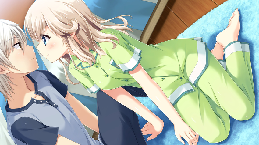 1girl ashihara_daiki barefoot blue_eyes brown_eyes couple curly_hair dutch_angle eye_contact hetero highres ikegami_akane looking_at_another on_floor pajamas platinum_blonde_hair sitting white_hair yagami_serika yome_sagashi_ga_hakadori_sugite_yabai.