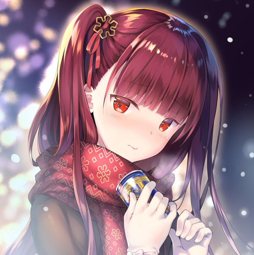 1girl bangs blunt_bangs blurry blurry_background blush bow brown_hair brown_jacket can closed_mouth commentary_request depth_of_field eyebrows_visible_through_hair girls_frontline gloves hair_ornament hair_ribbon hands_up head_tilt highres holding holding_can jacket long_hair one_side_up print_scarf red_eyes red_ribbon red_scarf rei_(rei's_room) rei_(rei's_room) ribbon scarf snowflake_print solo wa2000_(girls_frontline) white_bow white_gloves