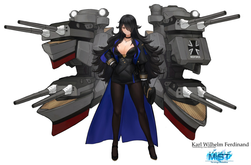 1girl black_coat black_footwear black_hair black_hat black_legwear blue_coat breasts cannon character_name cleavage copyright_name edward_montenegro full_body hair_over_one_eye hat highres holding holding_hat large_breasts long_hair long_sleeves machinery multicolored multicolored_clothes multicolored_coat pantyhose peaked_cap solo standing steelblue_mirage turret uniform yellow_eyes