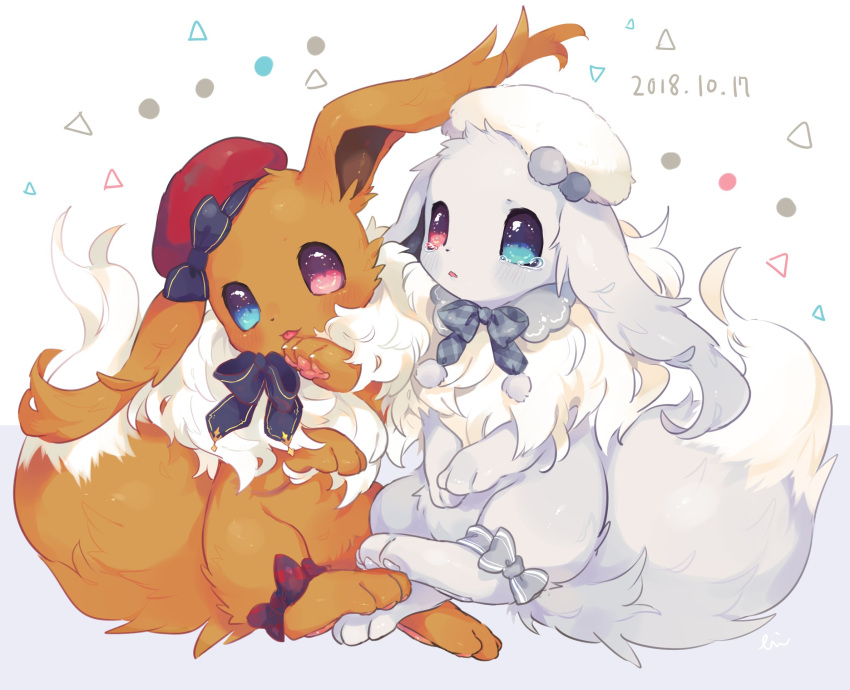 :p alternate_color bad_id bad_twitter_id blue_eyes blush clothed_pokemon creatures_(company) eevee fluffy game_freak gen_1_pokemon grey_ribbon hat heterochromia hideko_(l33l3b) highres looking_at_viewer neck_ribbon nintendo pokemon pokemon_(creature) purple_eyes red_hat ribbon shiny_pokemon sparkling_eyes tears tongue tongue_out white_background white_hat