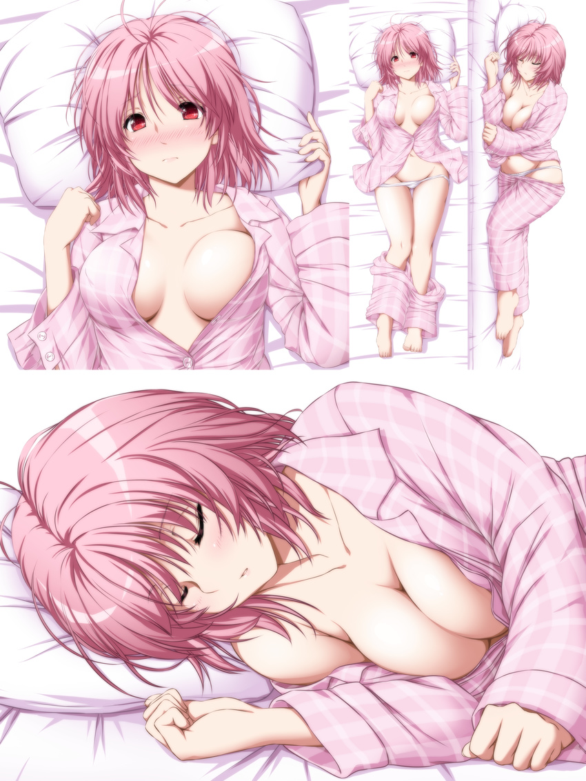 absurdres barefoot bed_sheet blush breasts closed_eyes collarbone dakimakura highres long_sleeves looking_at_viewer lying medium_breasts multiple_views navel nori_tamago on_back on_side pajamas pajamas_pull panties panty_pull pillow pink_eyes red_eyes saigyouji_yuyuko sleeping touhou underwear white_panties wing_collar