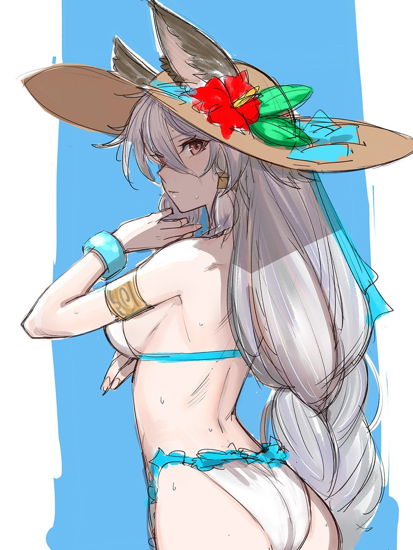 animal_ears armlet ass back bangle bare_shoulders bikini bracelet ears_through_headwear granblue_fantasy grey_hair hat heles highres jewelry long_hair looking_at_viewer solo sun_hat sweat swimsuit tetsu_(kimuchi)