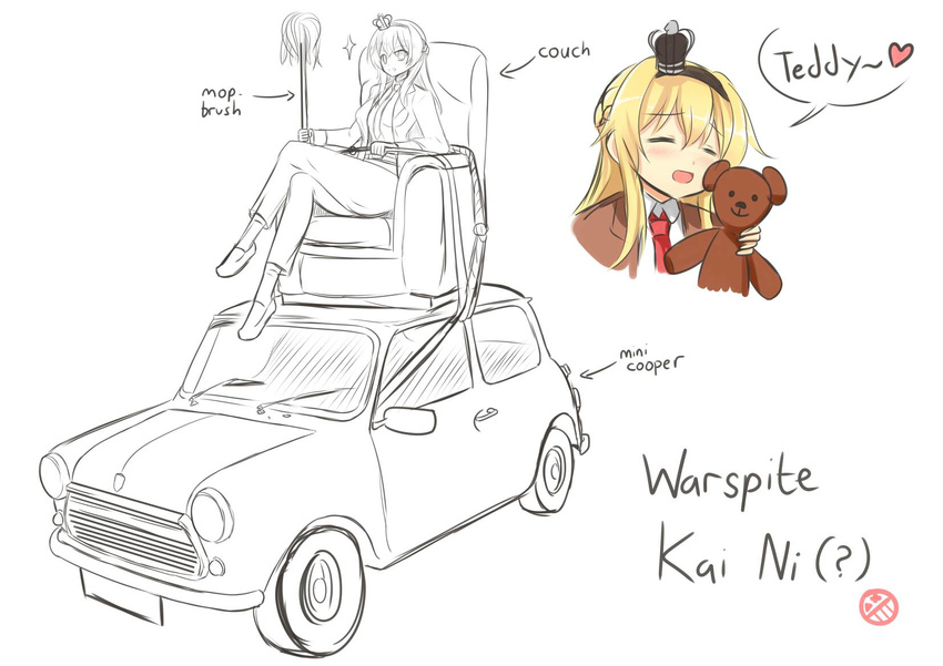 ? bangs blonde_hair blush car closed_eyes collar collared_shirt cosplay couch crossed_legs crown directional_arrow english eyebrows eyebrows_visible_through_hair formal ground_vehicle hair_between_eyes heart highres holding holding_stuffed_animal kantai_collection mini_cooper mini_crown mop motor_vehicle mr_bean mr_bean_(character) mr_bean_(character)_(cosplay) necktie on_vehicle open_mouth pant_suit parody setia_pradipta shirt sidelocks sitting smile sparkle speech_bubble spoken_heart stuffed_animal stuffed_toy suit teddy_bear warspite_(kantai_collection)