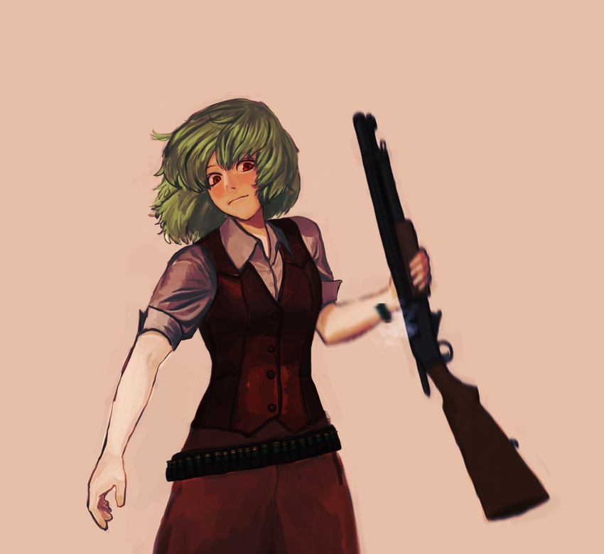 adapted_costume ammunition arm_at_side bandolier belt breasts buttons casing_ejection closed_mouth collared_shirt commentary_request cowboy_shot expressionless green_hair gun highres holding holding_gun holding_weapon kazami_yuuka looking_at_viewer motion_blur p!_(flaschenstrahlinge) pants pink_background red_eyes red_vest reloading shell_casing shirt short_sleeves shotgun shotgun_shells sideways_glance simple_background sleeves_rolled_up small_breasts smoke solo touhou vest weapon white_shirt wing_collar