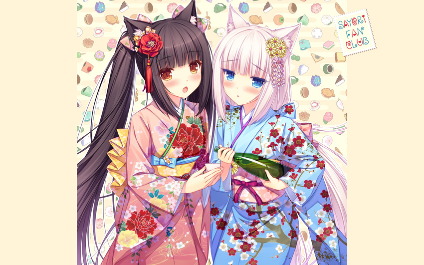 :3 alcohol animal_ears artist_name bangs black_hair blue_eyes blunt_bangs blush bottle brown_eyes cat_ears chestnut_mouth chocola_(sayori) cup eyebrows_visible_through_hair fanbox_reward floral_print flower hair_flower hair_ornament highres holding holding_bottle holding_cup japanese_clothes kimono long_hair looking_at_viewer low_twintails multiple_girls nekopara obi open_mouth paid_reward sake sake_bottle sash sayori slit_pupils twintails vanilla_(sayori) very_long_hair wallpaper white_hair