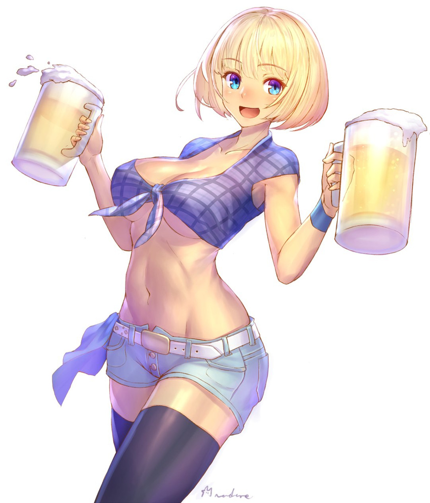 :d alcohol bangs barmaid beer beer_mug belt black_legwear blonde_hair blue_eyes bob_cut breasts collarbone cowboy_shot crop_top cup denim denim_shorts drinking_glass dual_wielding eyebrows_visible_through_hair groin highres holding holding_cup looking_at_viewer medium_breasts midriff nadare-san_(nadare3nwm) navel no_bra open_mouth phalanx_(sekaiju) plaid plaid_shirt sekaiju_no_meikyuu sekaiju_no_meikyuu_3 shirt short_hair short_shorts shorts signature simple_background sleeveless sleeveless_shirt smile solo thighhighs tied_shirt towel underboob waitress white_background wristband