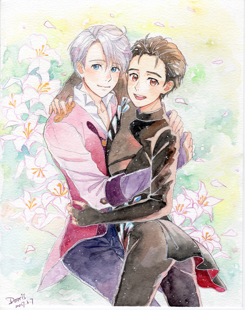 2boys artist_name black_hair blue_eyes bodysuit brown_eyes dated dorris flower graphite_(medium) hair_slicked_back highres hug katsuki_yuuri lily_(flower) male_focus multiple_boys open_mouth petals silver_hair smile traditional_media viktor_nikiforov watercolor_(medium) yaoi yuri!!!_on_ice