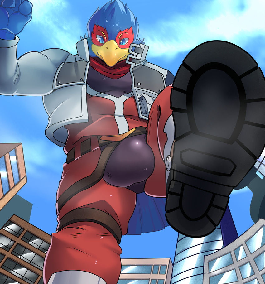 anthro avian bird blue_feathers boots bulge city clothing falco_lombardi feathers footwear looking_down looming low-angle_view male mayar nintendo star_fox stomping video_games