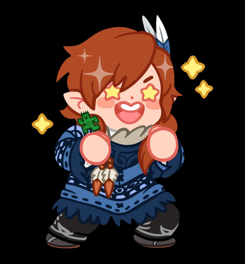 blush cactuar chibi earring feather final_fantasy final_fantasy_xiv lalafell orange_hair pants pointy_ears sasaso_saso shirt shoes smile star teeth