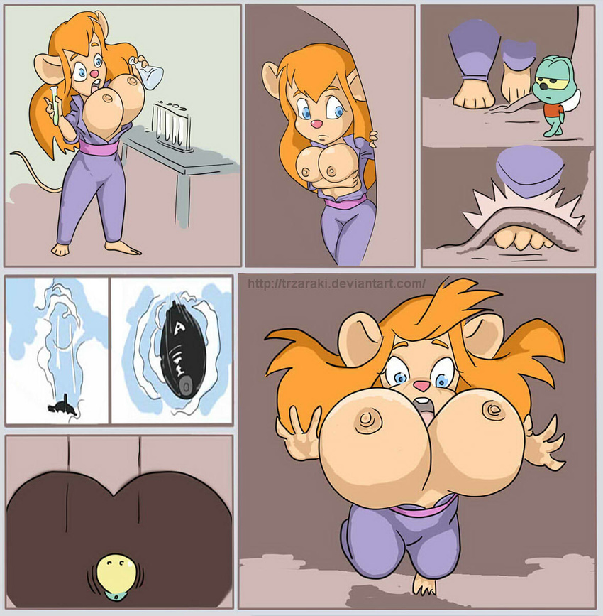 anthro big_breasts breasts chip_'n_dale_rescue_rangers comic disney duo female gadget gadget_hackwrench growth hair male mammal mouse nipples rodent tongue trzaraki vylfgor