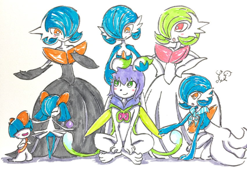 5girls absurdres alternate_color artist_name bangs bare_shoulders blue_hair blue_neckwear blue_skin blush blush_stickers breasts closed_mouth collarbone creatures_(company) eye_contact eyes_closed flat_chest full_body furry game_freak gardevoir gen_3_pokemon green_eyes green_hair green_skin hair_over_one_eye hand_up hands_on_hips hands_up happy highres indian_style kirlia kneeling looking_at_another looking_down looking_up mega_gardevoir mega_pokemon multiple_girls neckerchief nintendo no_humans open_mouth orange_eyes original outstretched_arm outstretched_arms pokemon pokemon_(creature) purple_hair ralts sash shiny shiny_hair shiny_pokemon short_hair signature simple_background sitting small_breasts smile standing striped striped_neckwear traditional_media two-tone_skin white_background white_skin yuumikuchi