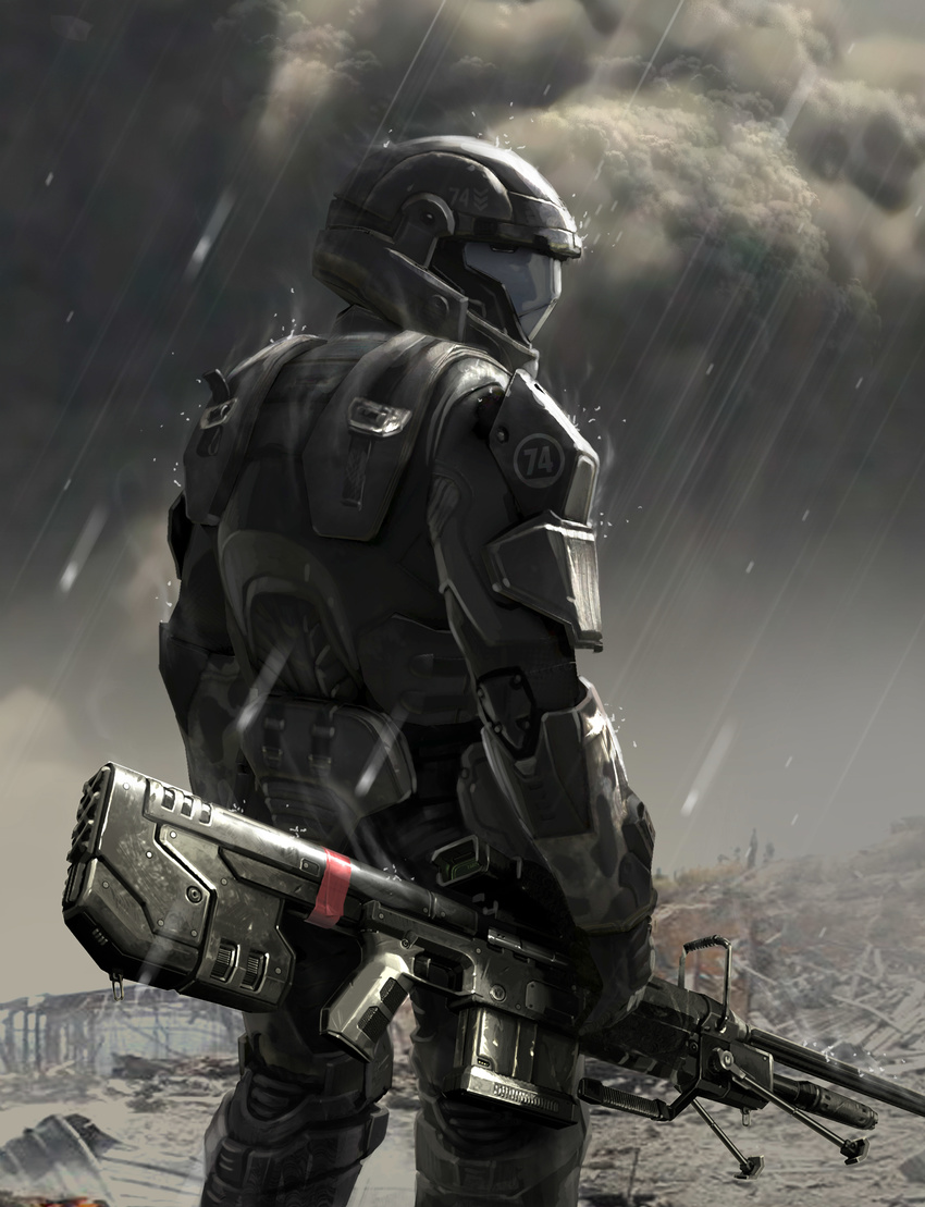 armor cloud destruction gun halo_(series) human male mammal not_furry odst raining ranged_weapon rifle ruins video_games water weapon