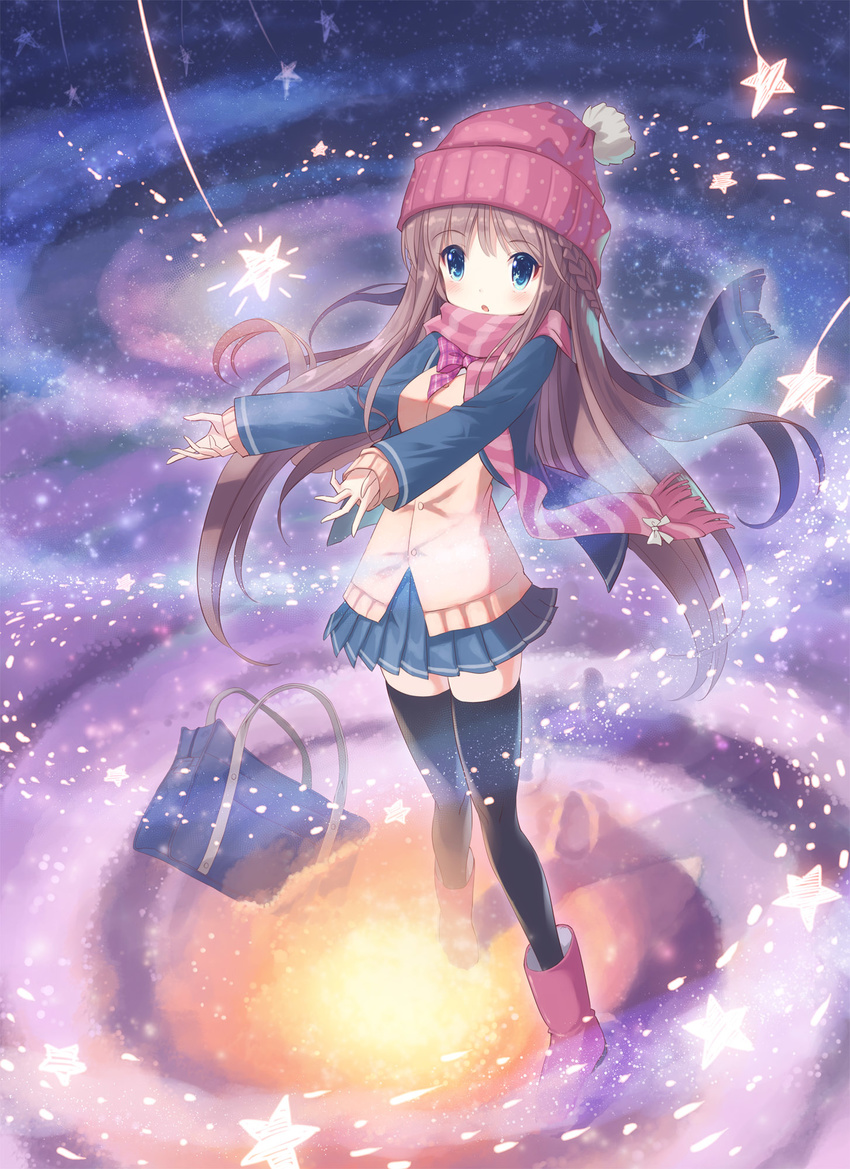 bag beanie black_legwear blue_eyes blush boots bow braid brown_hair cardigan colorful commentary eye_reflection floating_hair french_braid hat highres kankurou light_particles long_hair open_mouth original outstretched_arms pink_footwear pleated_skirt reflection rubber_boots scarf school_bag school_uniform shooting_star skirt solo space star star_(sky) surprised thighhighs zettai_ryouiki