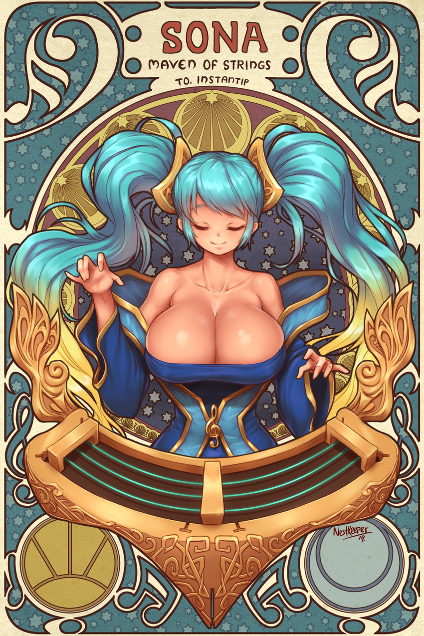 bare_shoulders beamed_sixteenth_notes blue_hair breasts bursting_breasts cleavage closed_eyes collarbone commentary detached_sleeves dress english etwahl hair_ornament highres huge_breasts league_of_legends long_hair low_neckline multicolored_hair musical_note nestkeeper off_shoulder quarter_note sixteenth_note smile solo sona_buvelle star starry_background strapless strapless_dress treble_clef twintails two-tone_hair upper_body