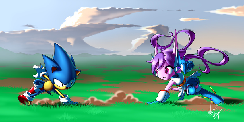 2017 action_pose anthro aquatic_dragon blue_fur boots clothed clothing digi-ink-by-marquis dragon duo female footwear freedom_planet freedom_planet_2 fur gloves hair hedgehog hybrid long_hair male mammal outside purple_hair sash_lilac sonic_(series) sonic_the_hedgehog video_games