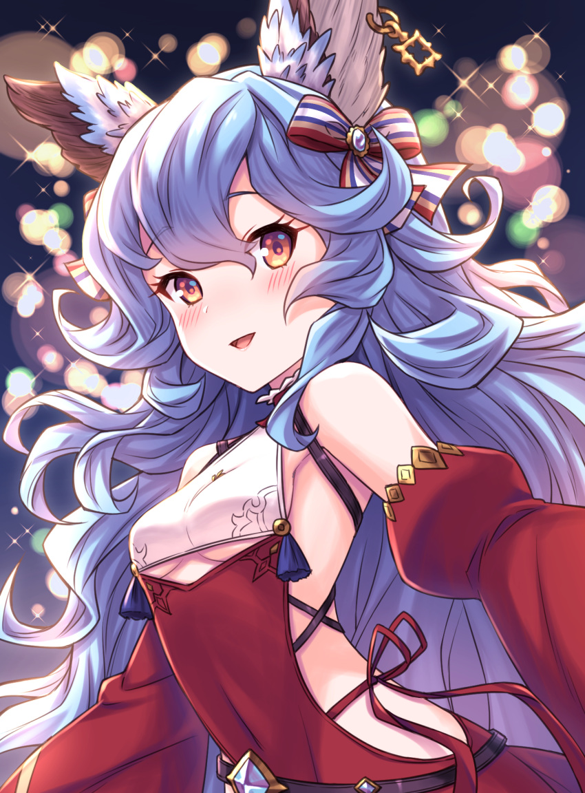 1girl :d bangs blue_hair blurry blurry_background blush breasts brown_eyes commentary_request depth_of_field detached_sleeves dress ear_piercing erune eyebrows_visible_through_hair ferry_(granblue_fantasy) granblue_fantasy hair_between_eyes highres juliet_sleeves long_hair long_sleeves looking_at_viewer open_mouth piercing puffy_sleeves red_dress red_sleeves sleeveless sleeveless_dress small_breasts smile solo tomo_(user_hes4085) upper_body very_long_hair