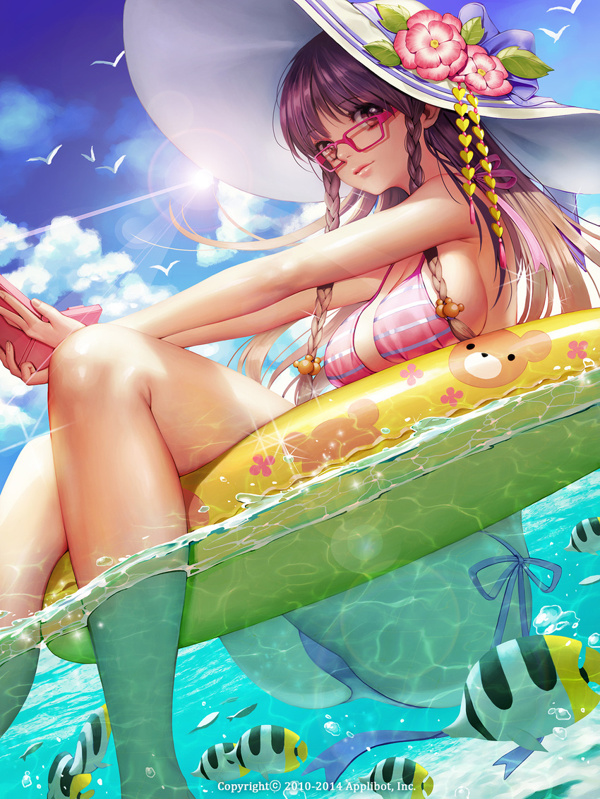 afloat air_bubble araki_keika ass bangs bikini bird braid breasts brown_hair bubble butterflyfish cloud company_name day dutch_angle fish flower from_side furyou_michi_~gang_road~ glasses gradient_hair hair_over_shoulder hair_ribbon handheld_game_console hat hat_flower hat_ornament highres innertube large_breasts light_rays lipgloss lips long_hair looking_at_viewer multicolored_hair ocean outdoors partially_underwater_shot pink-framed_eyewear purple_hair red_eyes ribbon side-tie_bikini sky solo soo_kyung_oh sparkle striped striped_bikini sun sun_hat sunbeam sunlight swimsuit twin_braids water watermark