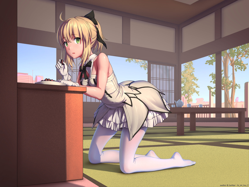 ahoge artoria_pendragon_(all) bare_shoulders black_bow black_neckwear blonde_hair blush bow bowtie breasts caught chocolate cup day detached_collar dress fate/unlimited_codes fate_(series) from_side full_body gloves green_eyes hair_bow highres indoors kneeling looking_at_viewer looking_to_the_side medium_breasts pantyhose parted_lips ponytail saber_lily sliding_doors solo sunlight table tatami teapot tokinohimitsu white_day white_dress white_gloves white_legwear yunomi