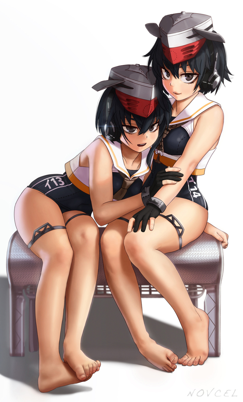 arm_holding arm_support artist_name bare_arms bare_legs bare_shoulders barefoot bench black_gloves black_hair black_swimsuit blush breasts brown_eyes character_name clothes_writing crop_top feet framed_breasts full_body glint gloves hair_between_eyes hand_on_another's_arm hat headset highres i-13_(kantai_collection) i-14_(kantai_collection) kantai_collection leaning_to_the_side legs legs_together looking_at_viewer multiple_girls novcel one-piece_swimsuit open_mouth partly_fingerless_gloves sailor_collar school_swimsuit short_hair simple_background single_glove sleeveless small_breasts smile swimsuit thigh_strap thighs toenails toes white_background