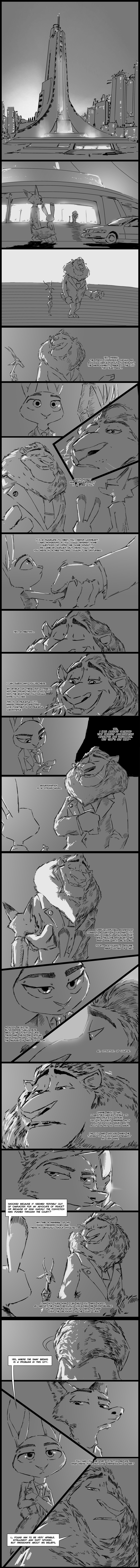 2017 absurd_res antelope anthro black_and_white canine clothed clothing comic dialogue disney english_text feline female fox gazelle group hi_res judy_hopps lagomorph leodore_lionheart lion male mammal monochrome necktie nick_wilde rabbit suit superabsurd_res text thewyvernsweaver zootopia