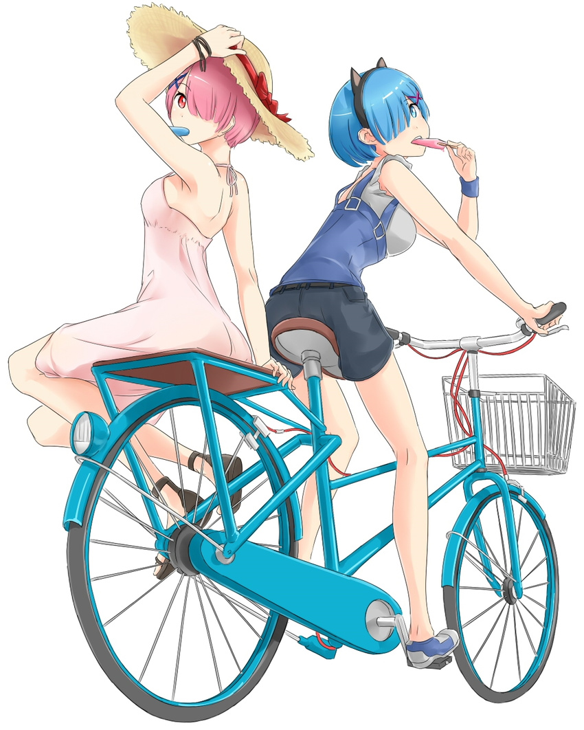 alternate_costume animal_ears arm_support bare_shoulders bicycle bicycle_basket blue_eyes blue_hair breasts cat_ears contemporary dress food ground_vehicle hair_ornament hair_over_one_eye hand_on_headwear hat highres holding looking_at_viewer medium_breasts multiple_girls multiple_riders pink_eyes pink_hair popsicle ram_(re:zero) re:zero_kara_hajimeru_isekai_seikatsu rem_(re:zero) saruno_(eyesonly712) shoes short_hair shorts shoulders siblings sidesaddle sisters sneakers strapless strapless_dress straw_hat suspenders twins white_background x_hair_ornament