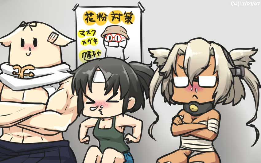 &gt;_&lt; black_hair blonde_hair brown_hair budget_sarashi closed_eyes commentary crossed_arms dark_skin dated glasses hair_between_eyes hamu_koutarou hay_fever headband headgear highres kantai_collection multiple_girls musashi_(kantai_collection) muscle nagara_(kantai_collection) pointy_hair poster_(object) sarashi scarf short_hair_with_long_locks sneezing snot tank_top the_yuudachi-like_creature translated