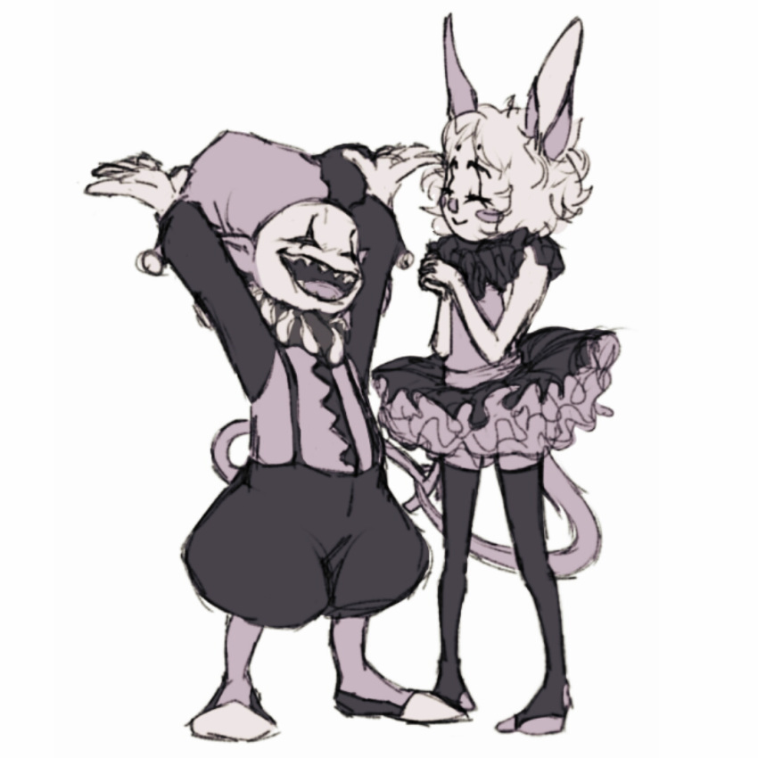 animal_ears animal_tail child clothing clown colored costume deltarune digital_artwork digital_drawing dress duo face_paint fae female friends girl intervine jester jevil kids laughing male neck_ruffle oc outfit red_cheeks shhhitme short_hair simple_background sketch smile standing tail thighhighs toby_fox together white_background young