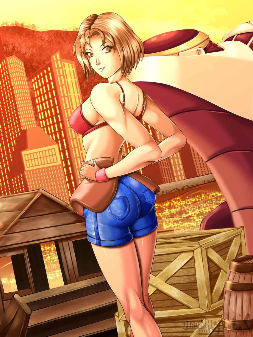 1girl ass bare_shoulders bikini_top bra breasts brown_eyes brown_hair city dead_phoenix denim denim_shorts double_dragon gloves hands_on_hips large_breasts legs looking_at_viewer looking_back marian_(double_dragon) parted_lips shiny shiny_clothes shiny_hair shiny_skin short_hair short_shorts shorts sideboob smile solo