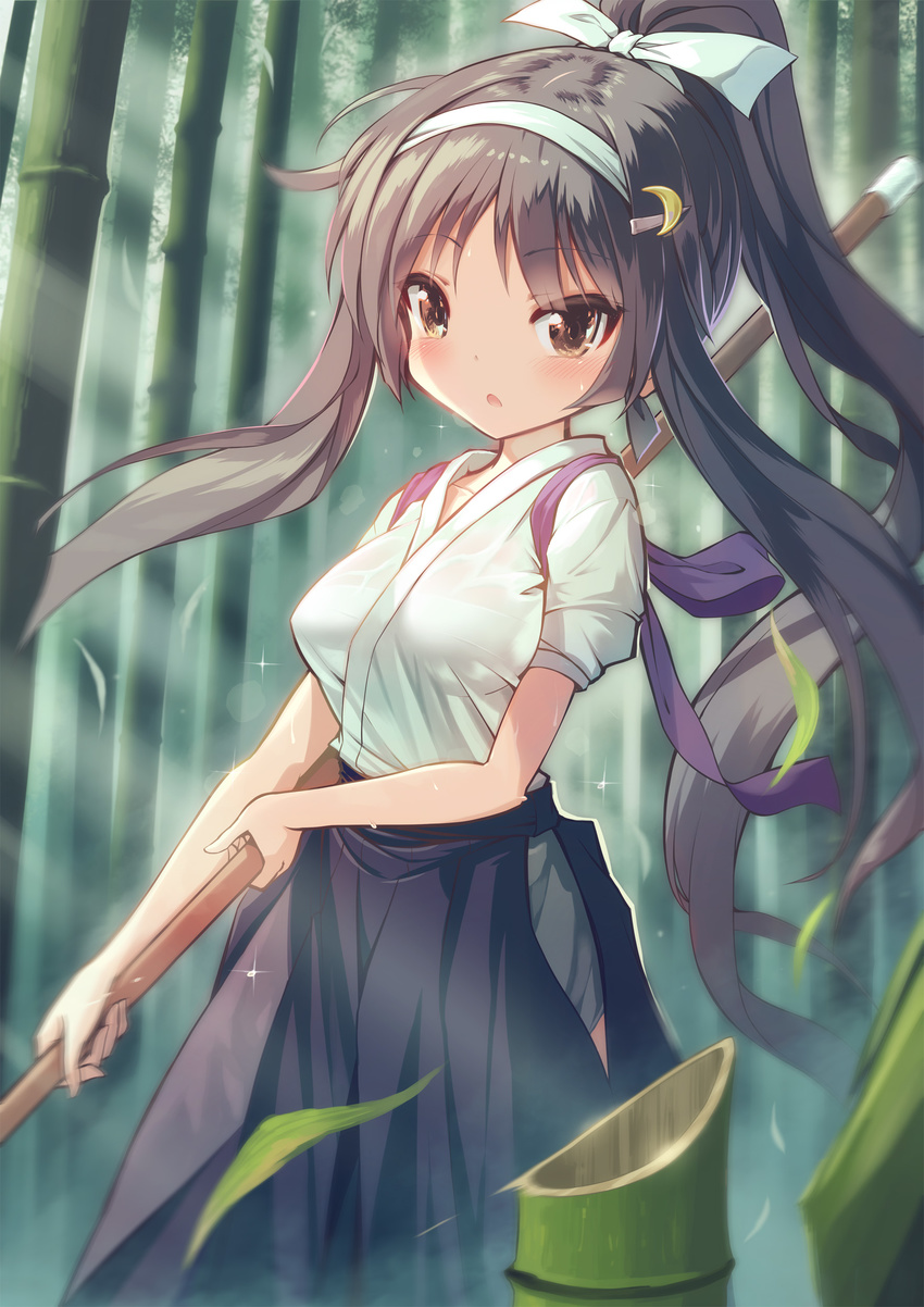 absurdres bamboo bangs black_skirt blush breasts brown_eyes brown_hair commentary_request crescent crescent_hair_ornament eyebrows_visible_through_hair hair_ornament highres holding holding_weapon japanese_clothes kankurou kimono long_hair long_skirt looking_at_viewer medium_breasts moe2017 naginata original outdoors parted_lips polearm ponytail sidelocks skirt solo standing tsurime weapon