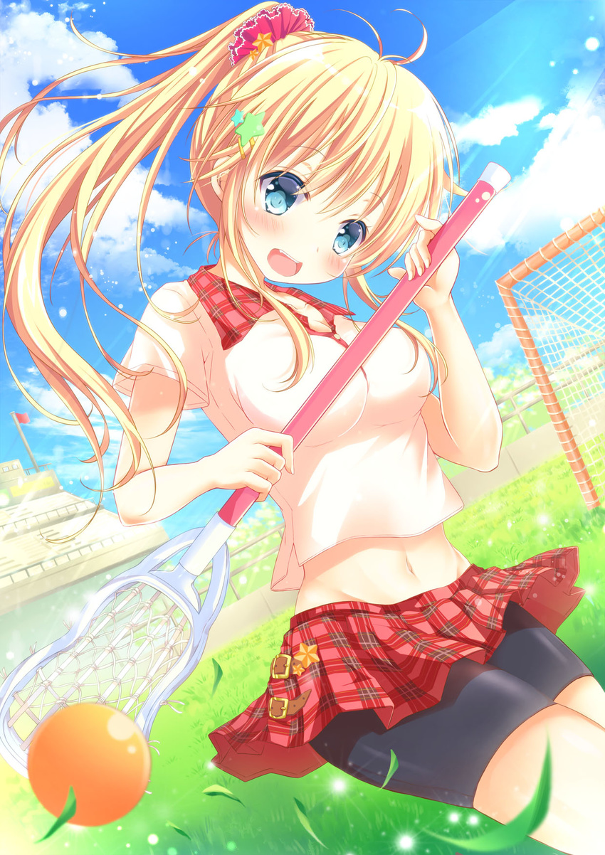 :d antenna_hair bangs bike_shorts blonde_hair blue_eyes blue_sky blurry blush breasts cloud cloudy_sky commentary_request cowboy_shot crop_top crop_top_overhang day depth_of_field dutch_angle eyebrows_visible_through_hair grass hair_ornament hand_up highres hips holding lacrosse lacrosse_ball lacrosse_stick long_hair looking_at_viewer maya_(tirolpop) medium_breasts midriff miniskirt moe2017 navel open_mouth original outdoors plaid plaid_skirt pleated_skirt ponytail red_skirt shorts shorts_under_skirt skirt sky smile solo star star_hair_ornament teeth thighs