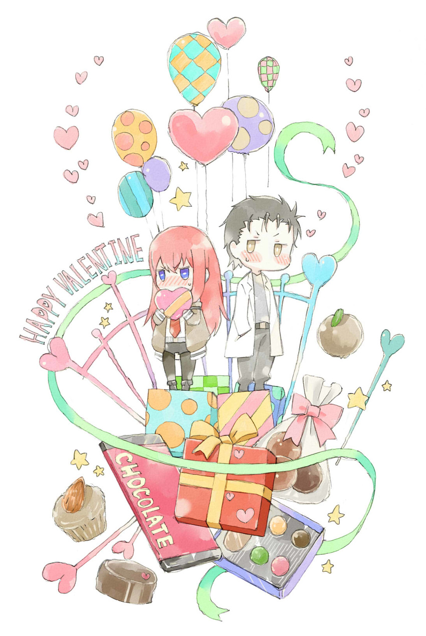 1girl almond balloon belt black_hair blue_eyes blush blush_stickers box candy chibi chocolate chocolate_bar collared_shirt cupcake denim denim_shorts embarrassed food full_body gift gift_box hand_in_pocket happy_valentine heart heart-shaped_box heart_balloon highres huwahuwa_youmou jackets labcoat long_hair looking_at_another makise_kurisu necktie okabe_rintarou pants red_hair shirt shoes short_hair shorts standing star steins;gate sweatdrop thighhighs valentine white_background yellow_eyes