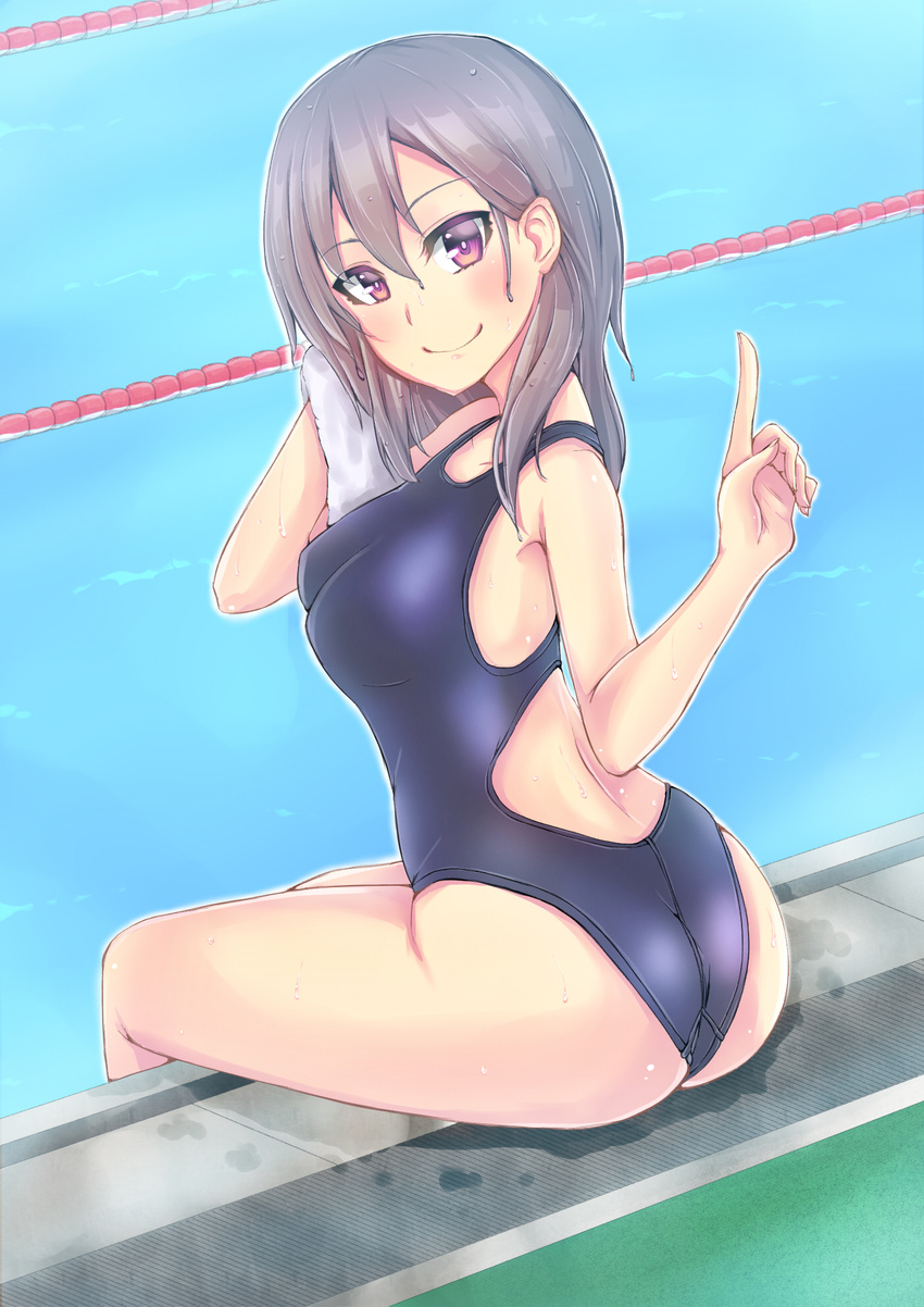 anko_jamu ass bangs blue_swimsuit blush breasts cleavage closed_mouth commentary_request competition_swimsuit drying drying_hair eyebrows_visible_through_hair from_behind grey_hair hair_between_eyes highres holding holding_towel index_finger_raised legs_together long_hair looking_at_viewer looking_back medium_breasts moe2017 one-piece_swimsuit original pool poolside purple_eyes sitting smile solo swimsuit thighs towel