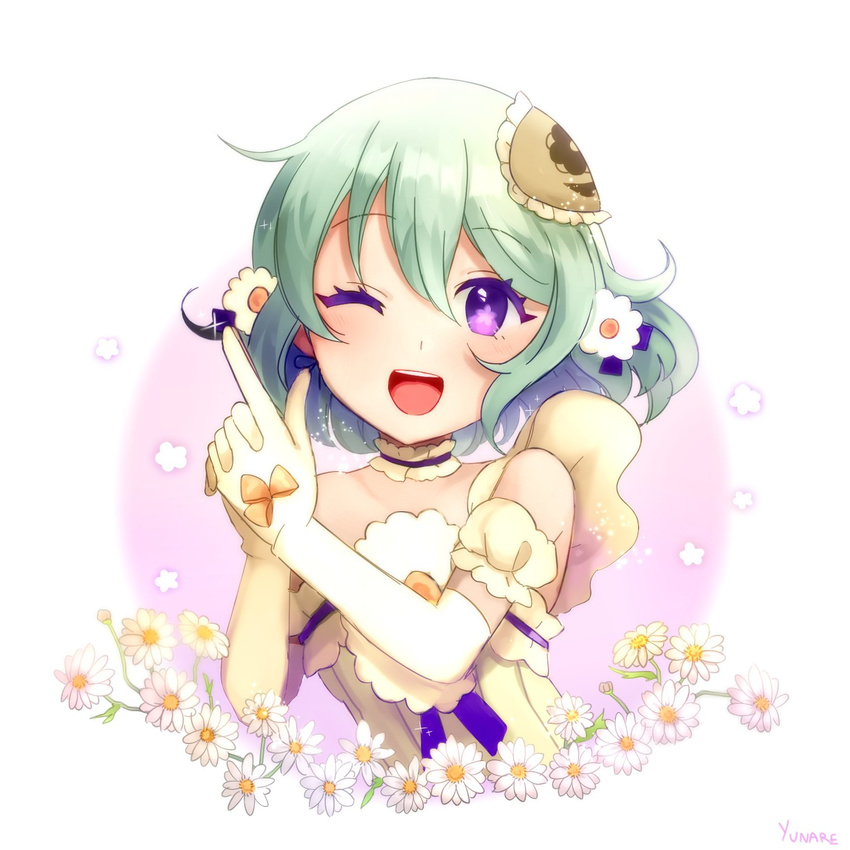 elbow_gloves flower gloves green_hair highres magical_daisy mahou_shoujo_ikusei_keikaku mahou_shoujo_ikusei_keikaku_restart one_eye_closed purple_eyes short_hair smile solo yunare