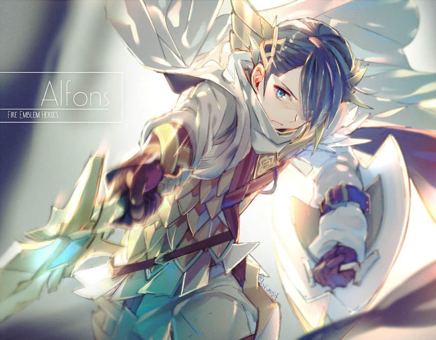 alfonse_(fire_emblem) armor attacking_viewer blonde_hair blue_eyes cape character_name copyright_name fire_emblem fire_emblem_heroes gloves holding holding_weapon looking_at_viewer male_focus miyuki_ruria shield sword twitter_username weapon