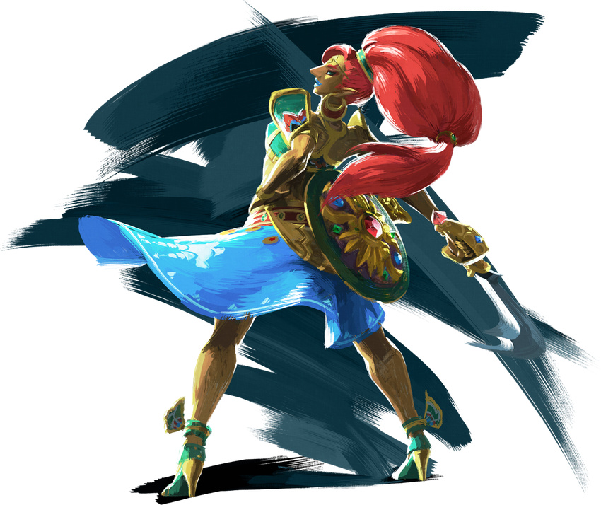 1girl armor blue_lipstick earrings gerudo high_heels lipstick official_art pointy_ears ponytail red_hair sheild the_legend_of_zelda urbosa