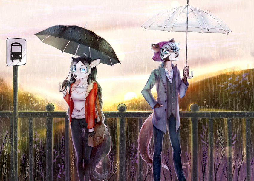 anthro canine clothed clothing duo female ferret fur hair male mammal mustelid outside raining sheenny smile standing tavin umbrella