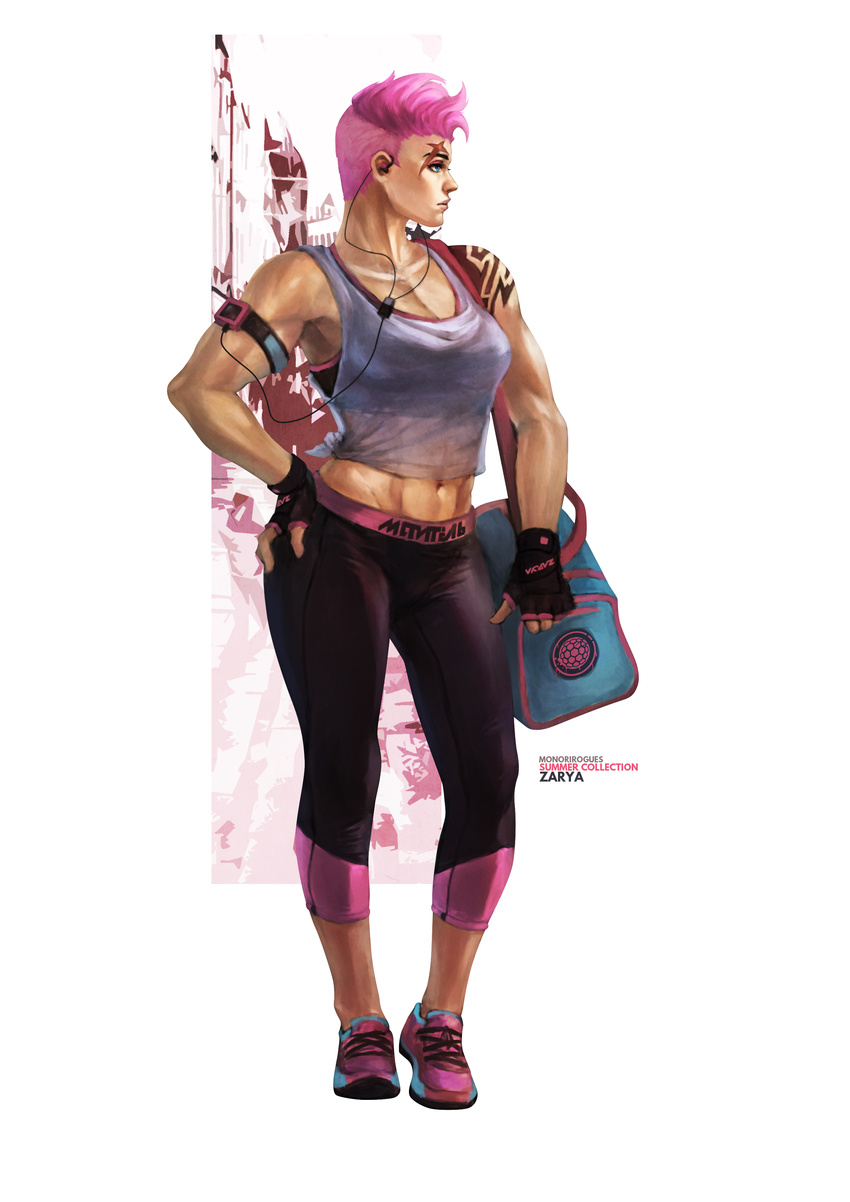 abs absurdres armband bag breasts cable character_name cleavage collarbone commentary completion_time digital_media_player duffel_bag earbuds earphones english_commentary front-tie_top full_body hand_on_hip highres medium_breasts midriff monori_rogue muscle muscular_female navel overwatch pants pink_hair scar scar_across_eye see-through shoes short_hair sneakers solo spandex sports_bra standing tank_top tattoo very_short_hair yoga_pants zarya_(overwatch)