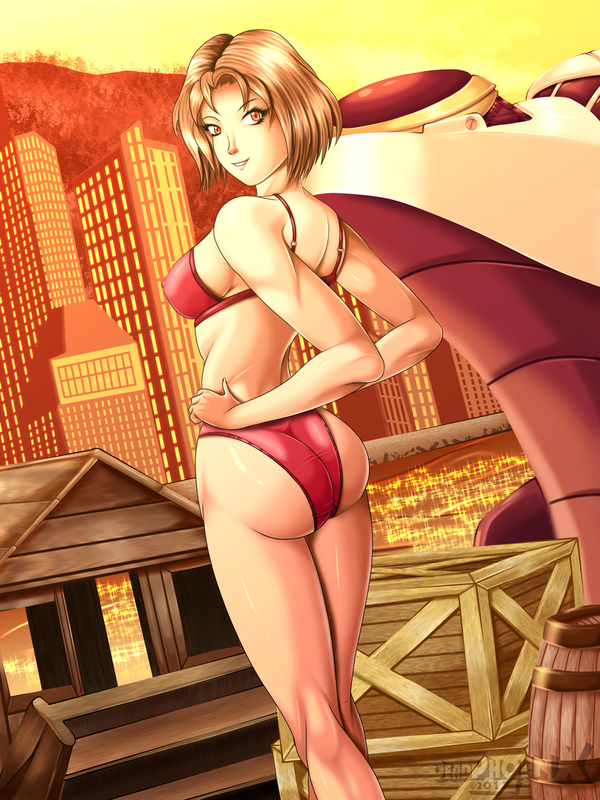 1girl ass bare_shoulders bikini breasts brown_eyes brown_hair city dead_phoenix double_dragon gloves hands_on_hips large_breasts legs looking_at_viewer looking_back marian_(double_dragon) parted_lips shiny shiny_hair shiny_skin short_hair sideboob smile solo swimsuit