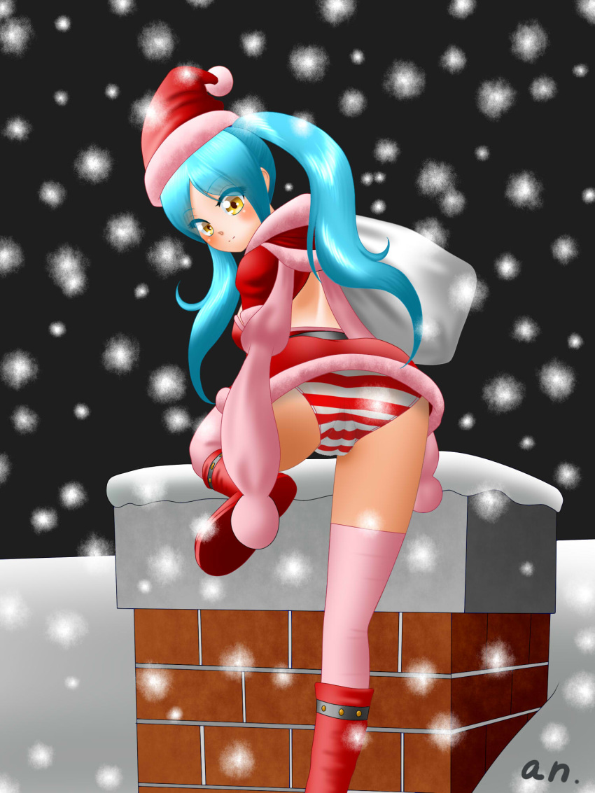 1girl andrew_sutoga aqua_hair ass bag blush boots breasts cameltoe christmas dress from_behind hat king's_raid long_hair looking_at_viewer panties santa_costume scarf shiny shiny_hair smile snow solo sonia_(king's_raid) striped striped_panties thighhighs twintails underwear upskirt yellow_eyes