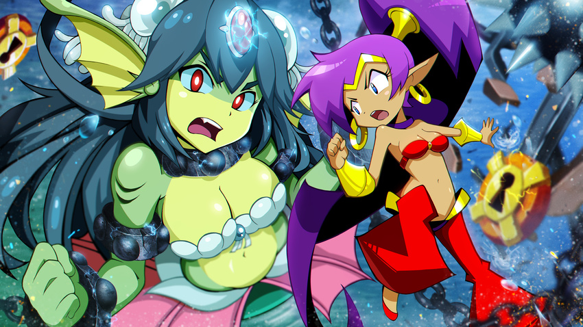 :o bare_shoulders blue_eyes blue_hair blush_stickers bound breasts bubble bun_cover chain chained chained_wrists choker cleavage clenched_hand commentary crack dark_skin double_bun draw-till-death earrings electricity fang forehead_jewel from_above frown gem giantess giga_mermaid gills green_skin hair_ornament harem_pants head_fins highres hoop_earrings jewelry keyhole large_breasts long_hair looking_at_viewer looking_back medium_breasts mermaid monster_girl multicolored multicolored_skin multiple_girls navel o-ring o-ring_top open_mouth pants pointy_ears ponytail purple_hair red_eyes restrained seashell_bra shantae:_half-genie_hero shantae_(character) shantae_(series) shell shell_bikini shiny shiny_skin spikes stomach two-tone_skin underwater v-shaped_eyebrows vambraces very_long_hair water
