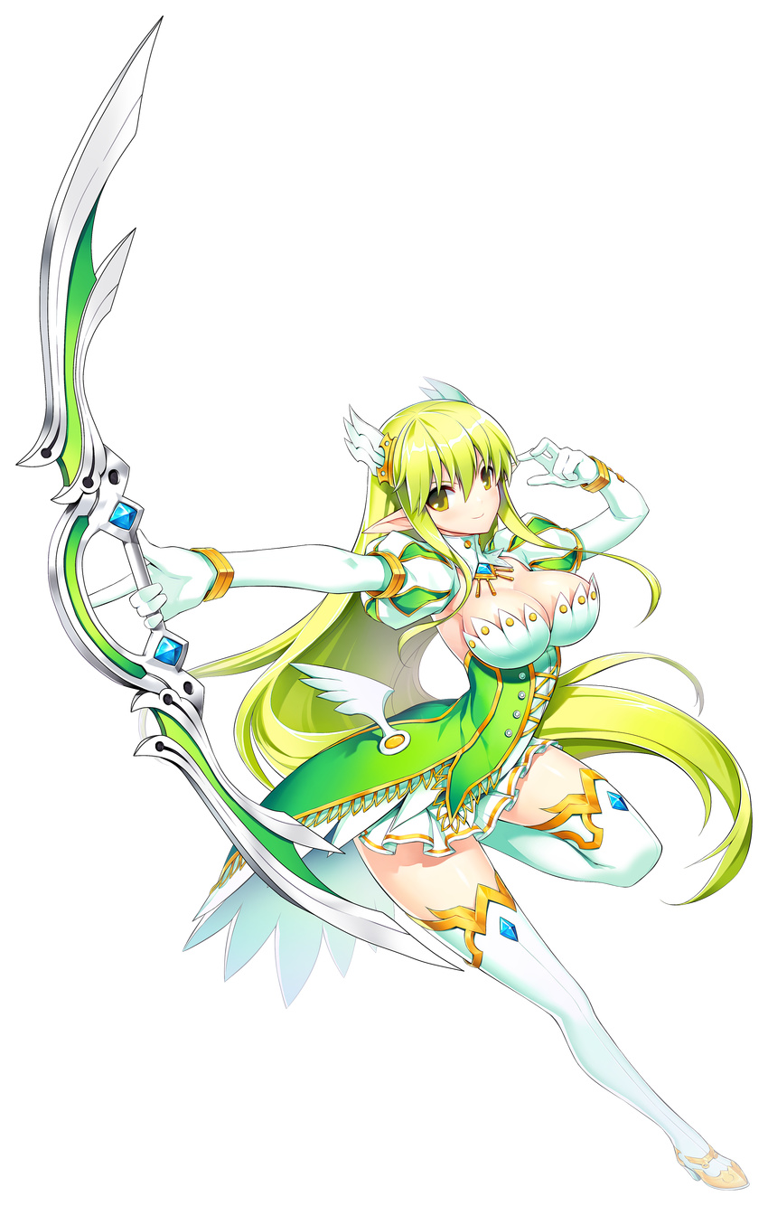 absurdres boots bow_(weapon) bracelet breasts cleavage elsword foreshortening full_body gloves grand_archer_(elsword) green_eyes green_hair hair_ornament high_heel_boots high_heels highres holding holding_weapon index_finger_raised jewelry large_breasts leg_up legs long_hair long_legs looking_at_viewer looking_to_the_side official_art pointy_ears rena_(elsword) solo thigh_boots thighhighs thighs transparent_background weapon white_footwear white_gloves white_legwear zettai_ryouiki
