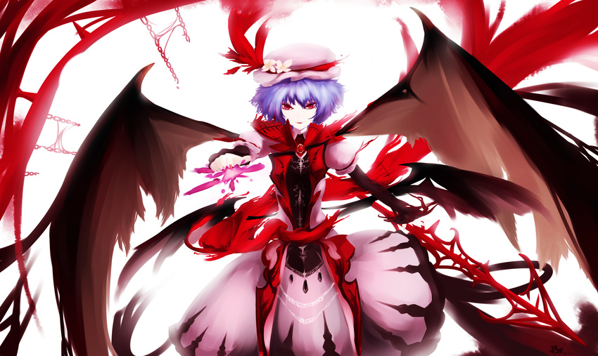 absurdres bat_wings chain commentary_request dress evil_smile fangs fingernails flower hat hat_flower hat_ribbon high_collar highres holding holding_weapon jewelry juliet_sleeves koumajou_densetsu lavender_hair long_sleeves looking_at_viewer mochigome_(fatelly) pink_dress pointing pointing_at_viewer puffy_sleeves red_ribbon remilia_scarlet ribbon short_hair smile solo spear_the_gungnir touhou weapon white_background wings