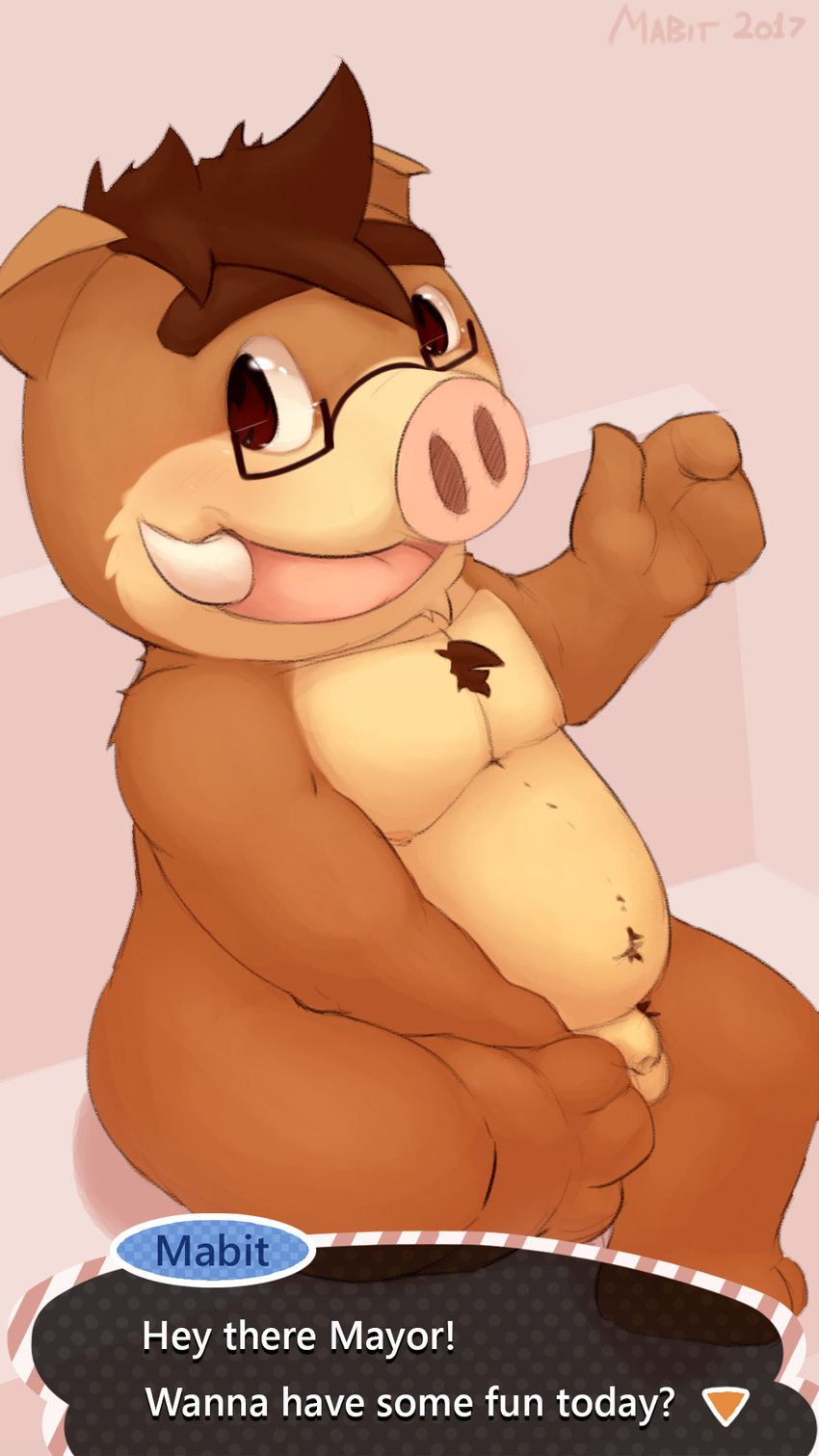 animal_crossing anthro anthrofied balls boar dialogue english_text eyewear flaccid glasses gui inviting mabit mammal navel nintendo nude open_mouth penis porcine sitting slightly_chubby smile talking_to_viewer text tusks video_games