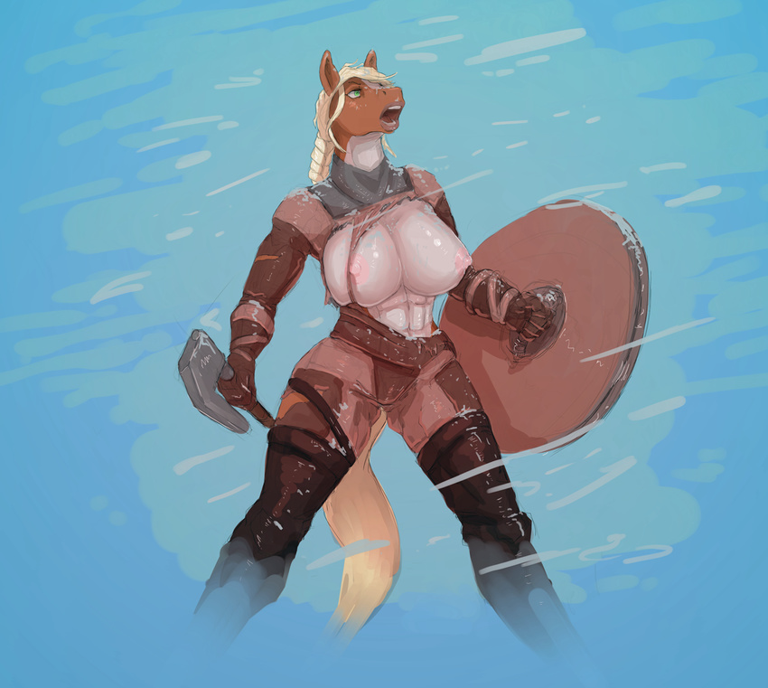 2017 abs anthro areola axe big_breasts blonde_hair blue_background braided_hair breast_squish breasts brown_fur clothing equine female fur green_eyes hair horse huge_breasts keeltheequine long_hair mammal melee_weapon nipples open_mouth pink_nipples shield simple_background snow solo spread_legs spreading teeth tongue torn_clothing weapon yellow_fur