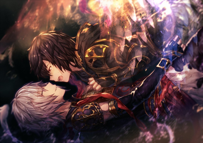 armor brown_hair closed_eyes elbow_gloves fingerless_gloves gloves granblue_fantasy hand_on_another's_chest lucifer_(shingeki_no_bahamut) lying male_focus multiple_boys on_back open_mouth red_eyes sandalphon_(granblue_fantasy) shigaraki_(strobe_blue) shingeki_no_bahamut smile white_hair