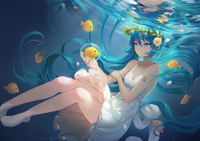 air_bubble aqua_eyes aqua_hair bare_legs blue_hair blue_nails bubble butterflyfish dated dress fish floating_hair flower hair_flower hair_ornament hatsune_miku head_wreath highres lian_yao light_smile long_hair nail_polish petals shinkai_shoujo_(vocaloid) shoes signature sleeveless sleeveless_dress solo submerged sundress tattoo twintails underwater very_long_hair vocaloid white_dress white_footwear