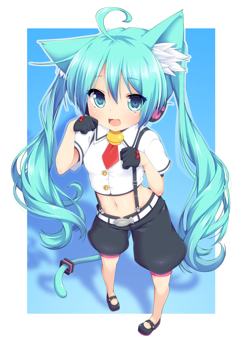 ahoge animal_ears aqua_eyes aqua_hair belt cat_ears cat_tail commentary_request fang fish full_body green_hair hatsune_miku headphones highres long_hair looking_at_viewer mary_janes midriff navel open_mouth paw_pose pigeon-toed shoes shorts solo suspenders tail very_long_hair vocaloid yuzuki_kei