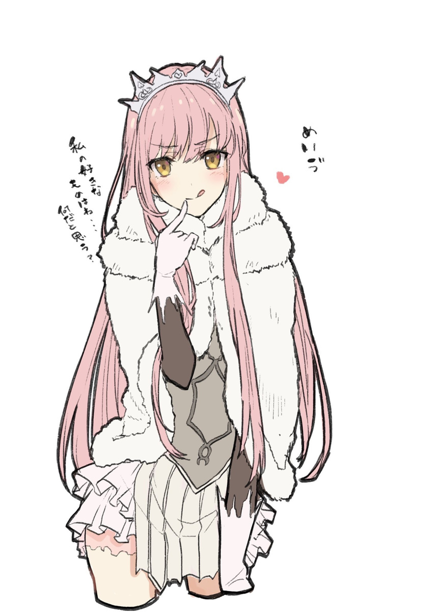 :q bad_id bad_pixiv_id cape crown fate/grand_order fate_(series) finger_to_mouth gloves highres long_hair looking_at_viewer medb_(fate)_(all) medb_(fate/grand_order) pink_hair pleated_skirt simple_background skirt smile solo teshima_nari thighhighs tongue tongue_out white_background white_gloves yellow_eyes
