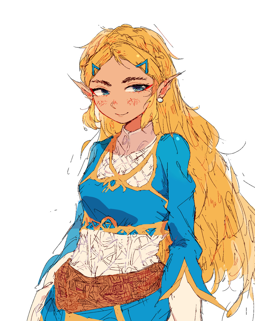 blonde_hair blue_eyes blue_shirt blush braid breasts closed_mouth crop_top earrings forehead french_braid hair_ornament hairclip highres jewelry long_hair long_sleeves looking_away looking_to_the_side pearl pearl_earrings pointy_ears princess princess_zelda ribitta shirt small_breasts smile solo the_legend_of_zelda the_legend_of_zelda:_breath_of_the_wild thick_eyebrows triforce tsurime turtleneck undershirt white_shirt